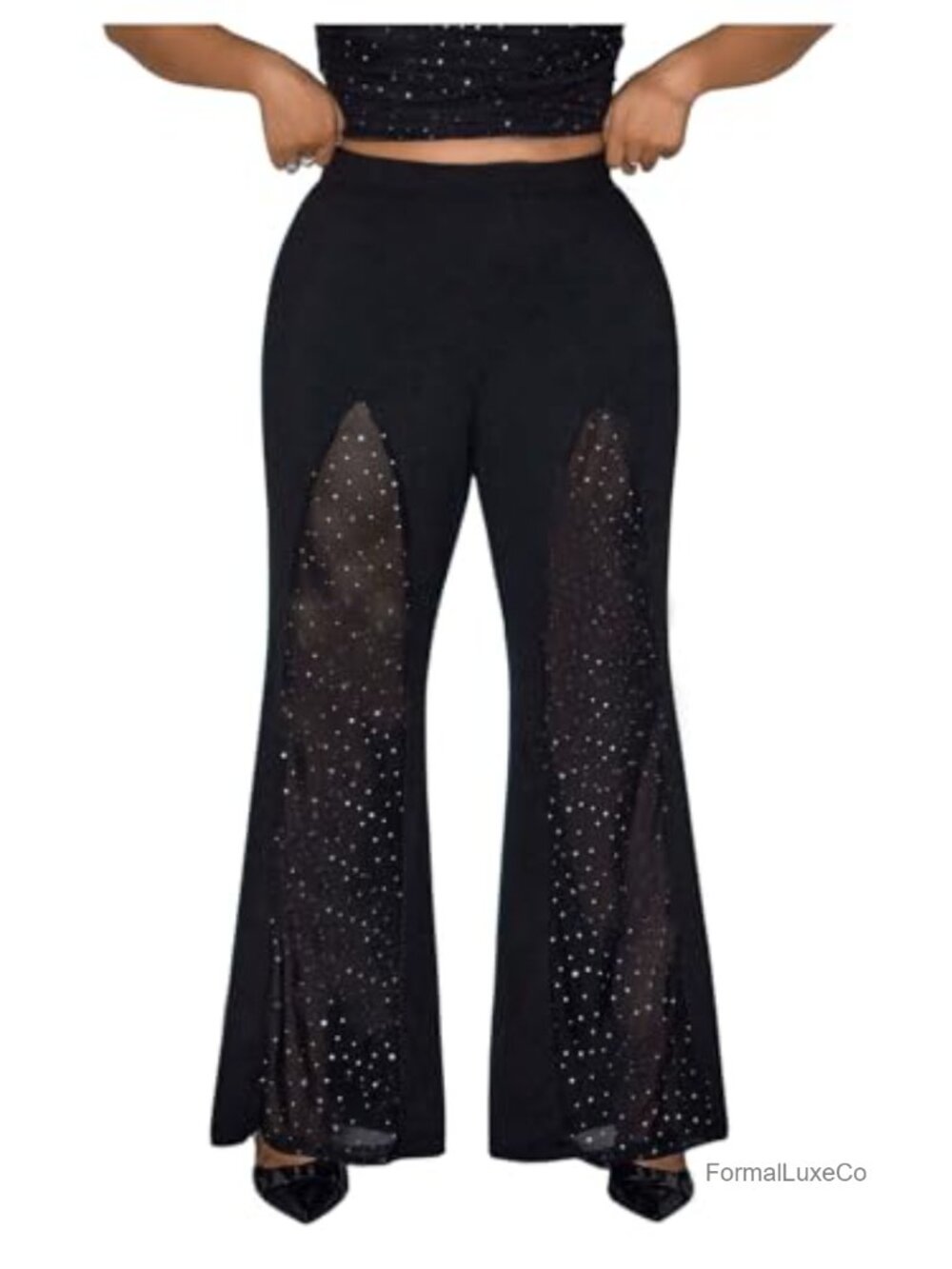 Plus Size Rhinestone Bell Bottom Pants Glitter Mesh Trousers High Waist